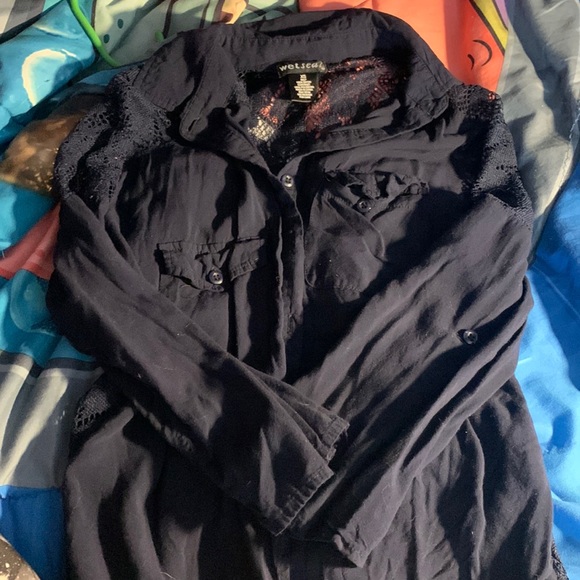 Dark blue button up. Lacey design on back - Picture 1 of 2